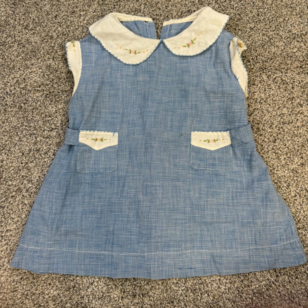 Vintage Baby Girl Blue Gingham Dress Embroidered Peter Pan Collar Sleeveless 12M